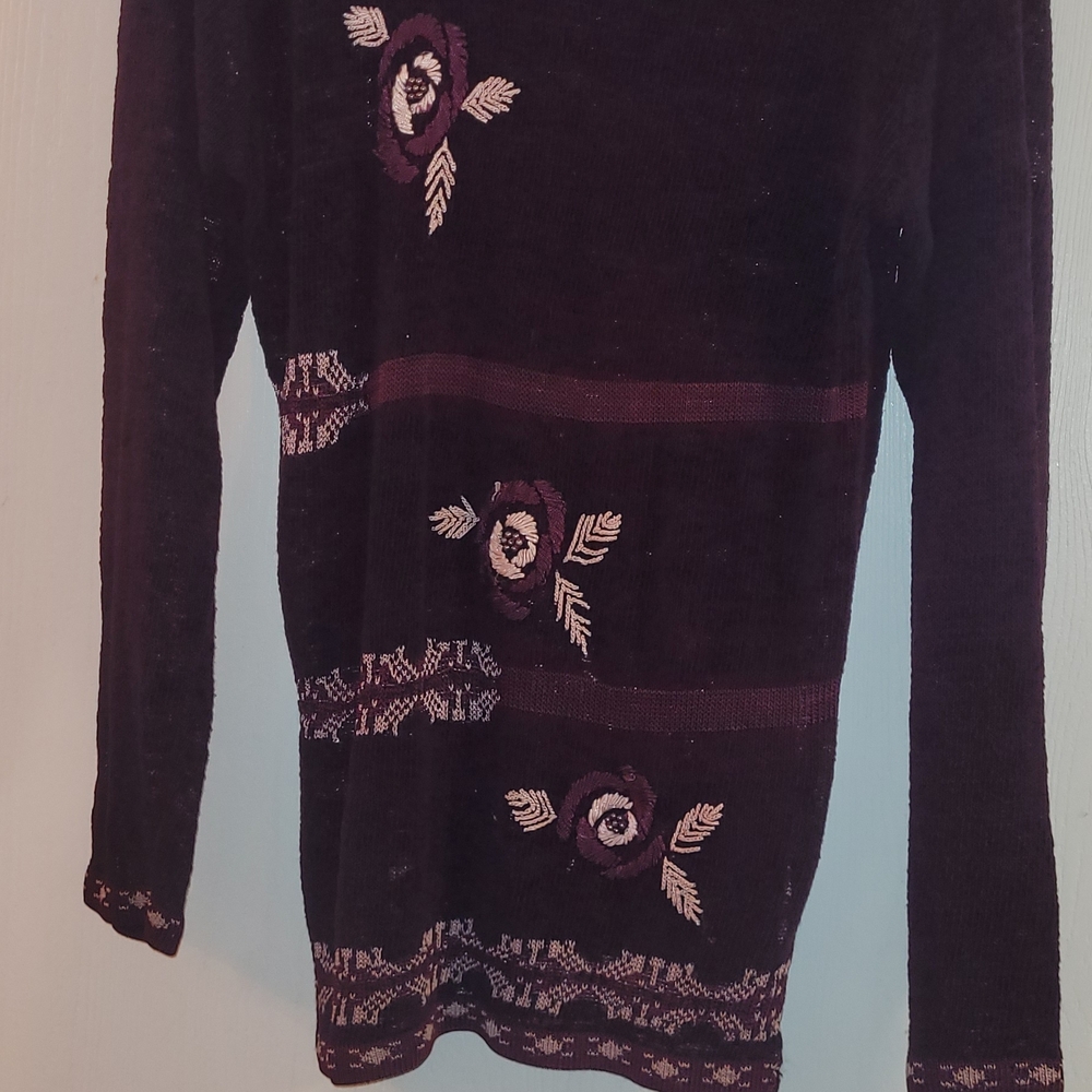 Embroidered Floral Knit Sweater in Deep Plum